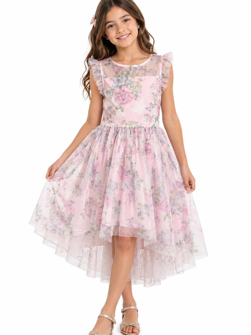 Zenzi Girls Hi Low Sleeveless Tulle Floral Dress Party Formal Light Pink Sz L